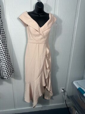 Xscape Beige Asymmetrical Off The Shoulder Dress Size 4 NWOT